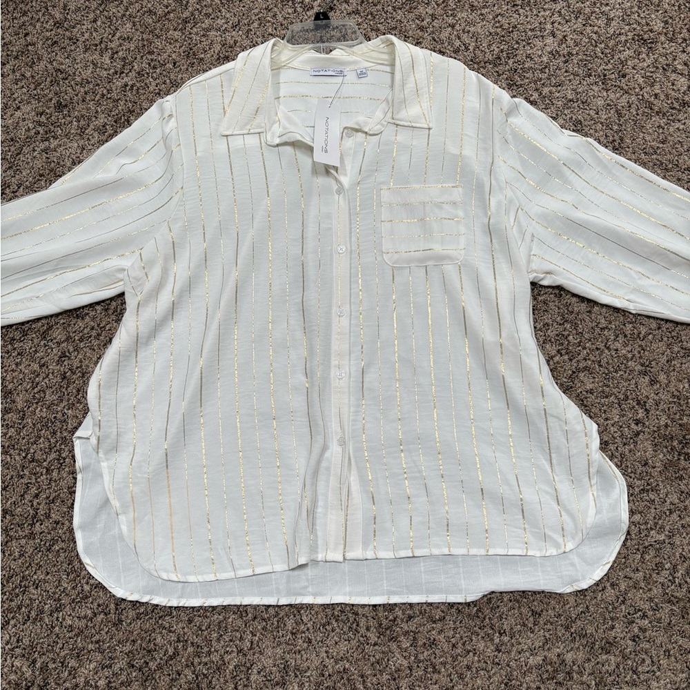 Notations Cream Top with Gold Stripes